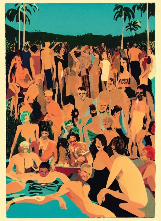 Image similar to composition by silm aarons poolside, a zoomed out portrait of a diverse group of people partying in diverse clothing in a scenic representation of mother nature and the meaning of life by billy childish, thick visible brush strokes, shadowy landscape painting in the background by beal gifford, vintage postcard illustration, minimalist cover art by mitchell hooks