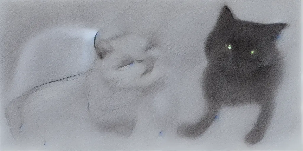 Image similar to a detailed drawing of a surprised black cat, behind a smurf, modulated line