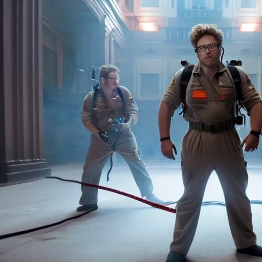 Image similar to awe inspiring Seth Rogen playing a Ghostbuster in a still from the movie Ghostbusters 8k hdr