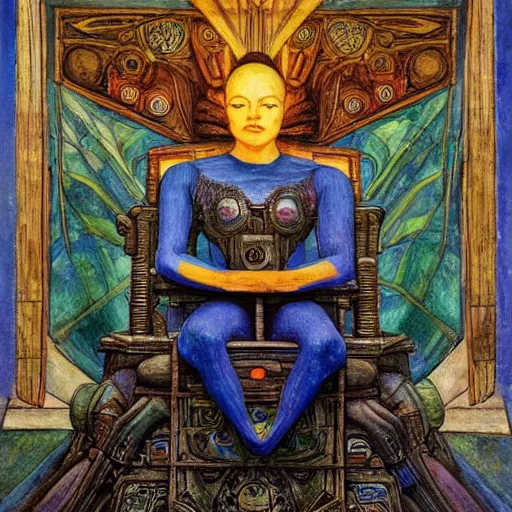 Prompt: the robot on the forest throne, by Annie Swynnerton and Diego Rivera, symbolist, dramatic lighting, elaborate geometric ornament, Art Brut ,god rays, soft cool colors,smooth, sharp focus, extremely detailed, Adolf Wölfli