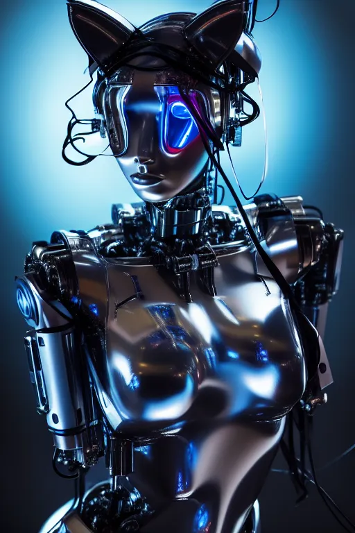 Image similar to cybernetic ultra high tech female robot with cat ears, neo - rococo, sci - fi, cyberpunk, high tech, futurism, exoskeleton, symmetry, cinematic, elegant, luxury, perfect light, perfect composition, dlsr photography, sharp focus, 8 k, ultra hd, sense of awe, highly detailed, realistic, intricate, science journal cover