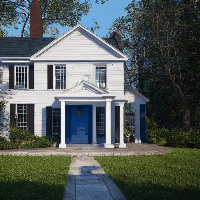 Image similar to modern new england colonial house with a round blue door, brick cape house, realistic, unreal engine render, octane render, hyper realistic, photo, 8 k