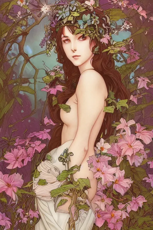 Image similar to Art Nouveau Queen of the moon, Lush Garden Leaves and Flowers, Sensual Angelic woman in a manga cover style, full body image, headshot, D&D, fantasy, highly detailed, digital painting, artstation, concept art, sharp focus, illustration, art by artgerm and greg rutkowski and alphonse mucha