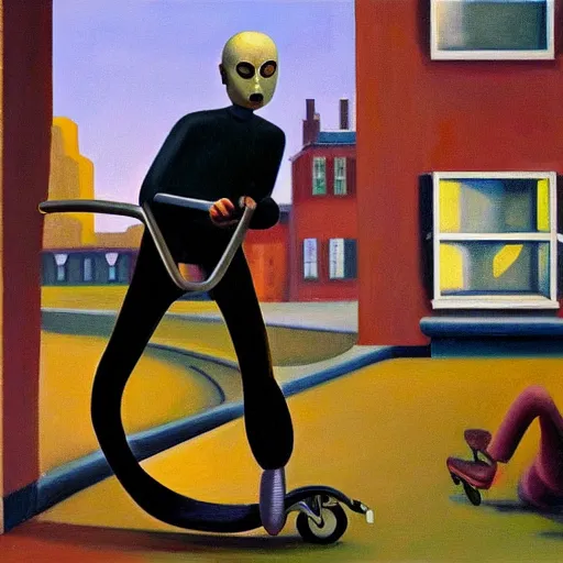 Prompt: spiders on rollerblades, grant wood, pj crook, edward hopper, oil on canvas