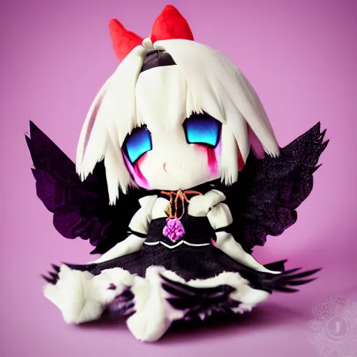 Image similar to cute fumo plush of a magical girl from the depths of hell, crying mascara, gothic maiden of the dark, tattered wings, decay, halloween, cursed, vray