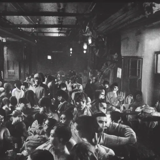 Prompt: crowded opium den, monochrome film, dreamlike,