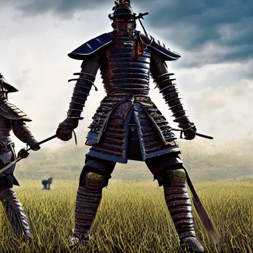 Image similar to giant samurai standing in a field opposite a small soldier, detailed digital artwork, symmetrical, highly detailed, highly accurate, deep aesthetic, 8 k, highly ornate intricate details, cinematic lighting, rich colors, ray tracing, hyperrealistic, photorealistic, cinematic landscape, trending on artstation,