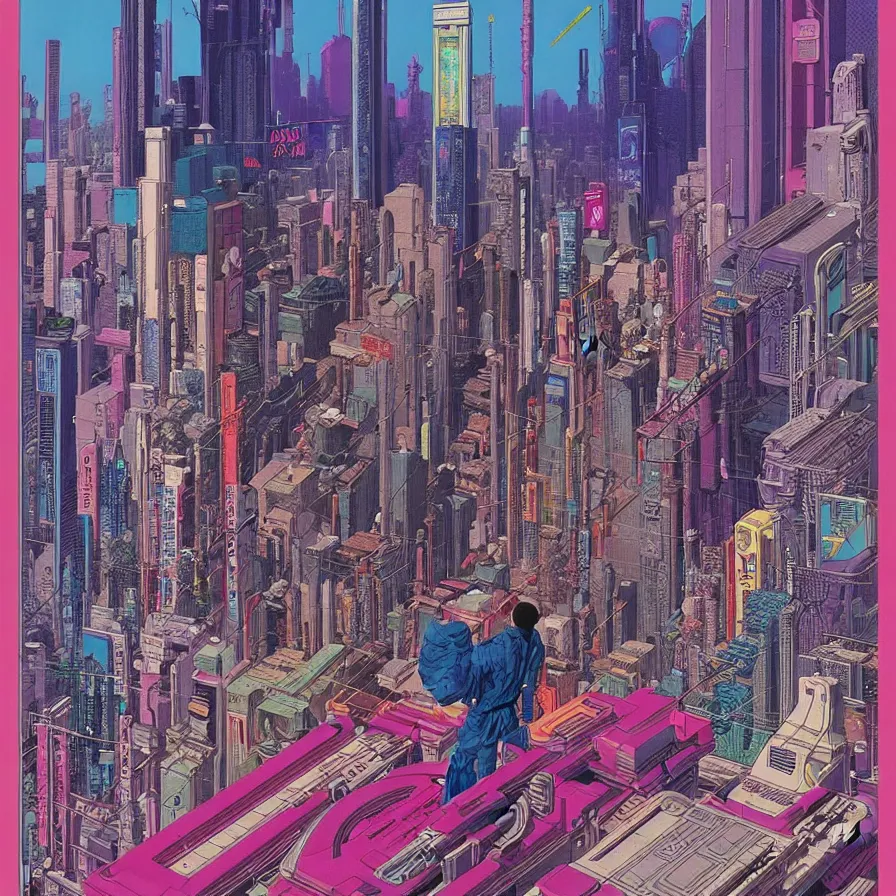 Image similar to ( ( ( ( cyberpunk city ) ) ) ) by mœbius!!!!!!!!!!!!!!!!!!!!!!!!!!!, overdetailed art, colorful, artistic record jacket design