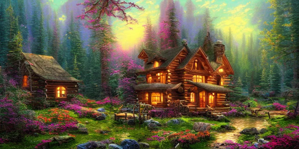 Prompt: Beautiful cabin in the woods” Beautiful Dreamscape, Digital art, concept art, detailed, lovely colors, Art station,3-D 4K, beautiful background, matte painting, Thomas kinkade- H 576