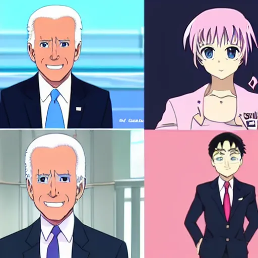 Image similar to key anime visual of joe biden and Saiki Kusuo; official media