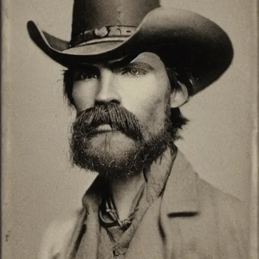 Image similar to A photograph portrait of Jerma985 as a cowboy with a pyramidal mustache in the late 1800s, taken in the late 1800s, 1870s, grainy, taken on a Field View Camera, realistic, hyperrealistic, very realistic, highly detailed, very detailed, extremely detailed, detailed, digital art, trending on artstation