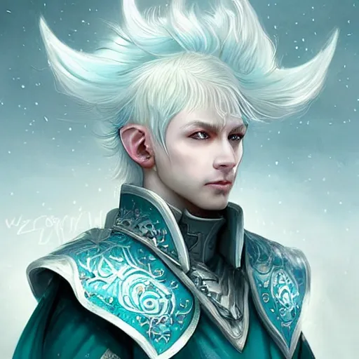 Image similar to handsome male snow elf in a turquoise cape and silver ornate armour as an archer, albino skin, pointed ears, ethereal opalescent mist, moonlight snow, fantasy art, perfect face, elegant, very coherent symmetrical artwork, atmospheric lighting, rule of thirds, by wenjun lin, krenz cushart, charlie bowater, trending on artstation