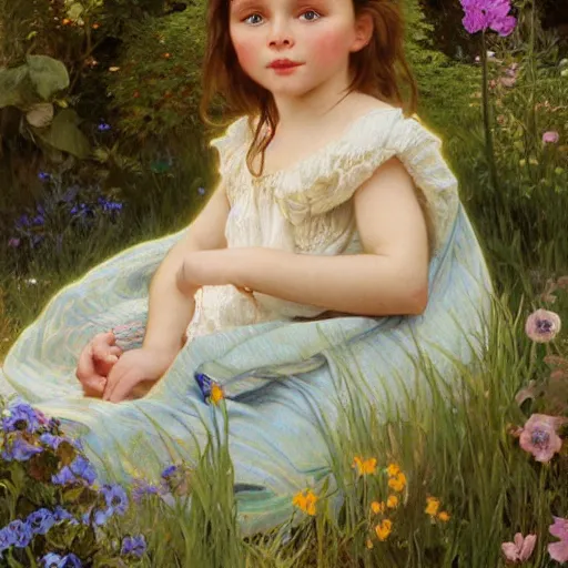 Image similar to a cute little girl with wavy light brown hair and blue eyes in a garden, beautiful highly detailed face, stunning painting by irakli nadar and greg rutkowski and alphonse mucha