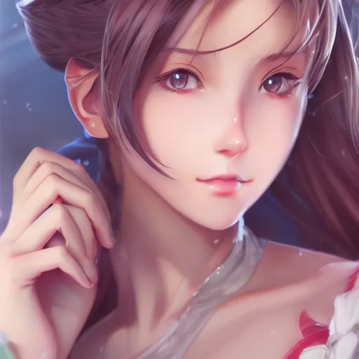 Image similar to face and body shot of aerith gainsborough by WLOP, rossdraws, Logan Cure, Mingchen Shen, BangkuART, sakimichan, yan gisuka, JeonSeok Lee, zeronis, Chengwei Pan on artstation