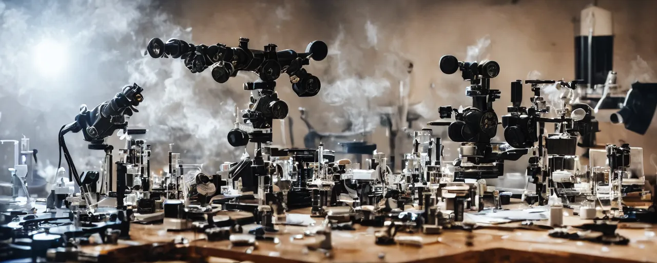 Prompt: a bigset of optical instruments on a large table, extremely intricated details, few colors, scientific laboratory experiments, photoreal, high tech new equipment, clean environment, analog nikon photo, dust particles in the air, hazy and shadowy atmosphere