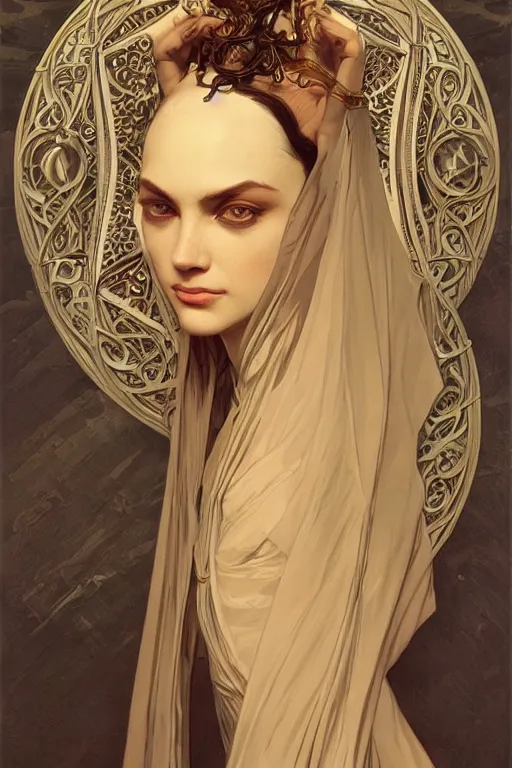 Image similar to high priestess, intricate, elegant, highly detailed, concept art, sharp focus, beautiful face!!, digital art, smooth defined outlines!!, human anatomy, human structure, by Brom, trending on Artstation, Alphonse Mucha, Tom Bagshaw, Sargent