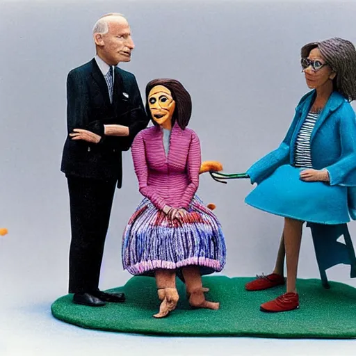 Image similar to still from a 1 9 9 2 live - action stop - motion puppetry tv show by tim burton starring joe biden, kamala harris, and indian elizabeth warren in dioramas. everything is made of plasticine, fabric, and other physical materials. photographic ; realistic ; highly - detailed.