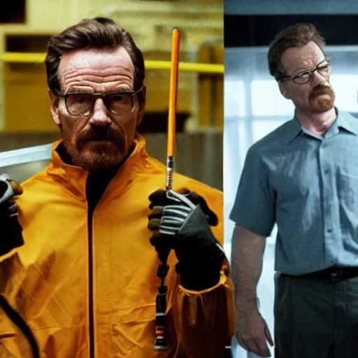 Prompt: Bryan Cranston as Gordon Freeman, holding a crowbar, still from a movie