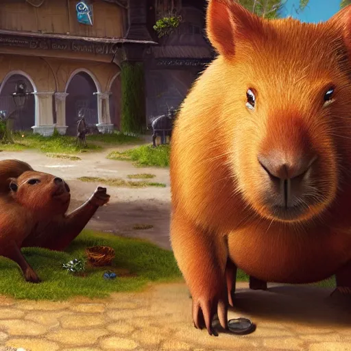 Prompt: A portrait of an capybara selling products, artwork by World of Warcraft Direction Art, detailed, dynamic, cinematic composition