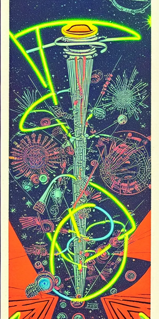 Prompt: 1968 science fiction tarot card, cut out collage, neon Aztec, spring on Saturn, epic theater, deep sea, mountain plants, drawings in part by moebius, part by Ernst Haekl, text by William S Boroughs, written by Michael Ende