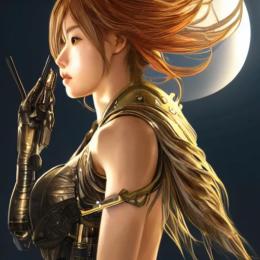 Prompt: ultra realistic illustration of android song hye - kyo, warframe, intricate, nier automata, sunset, golden hair, elegant, highly detailed, digital painting, artstation, concept art, smooth, sharp focus, illustration, art by artgerm and akihiko yoshida and alphonse mucha