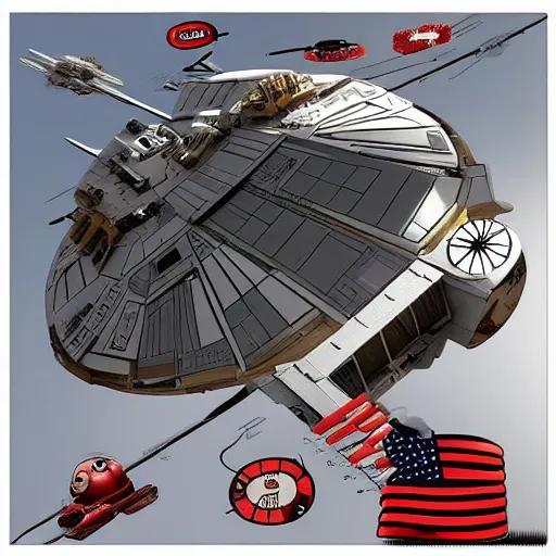 Prompt: a millennium falcon made of atom sized hot dog flying in a see of sad people dream