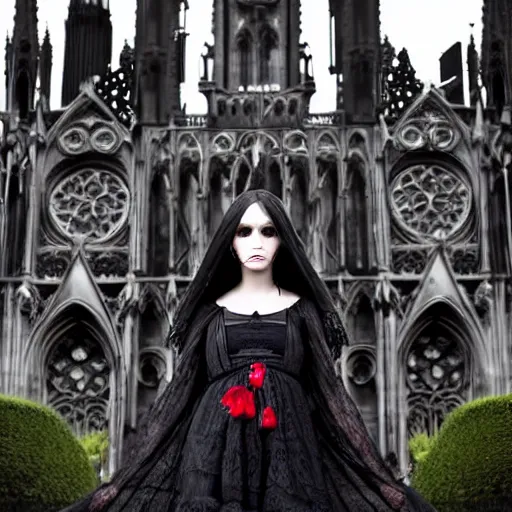 Prompt: gothic girl dressed in black, perfect face, macro head shot, behind her a whole gothic cathedral, perfect photo the full cathedral is visible, wide lens, no decaying lines, the windows of the cathedral are reflecting red flame lights, delicate mandala intricate ornaments