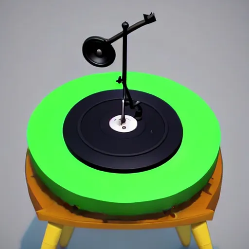 Image similar to a funny turntable with a needle on top of kiwi texture, a low poly render by blender guru, featured on polycount, computer art, sketchfab, rendered in maya, voxel art