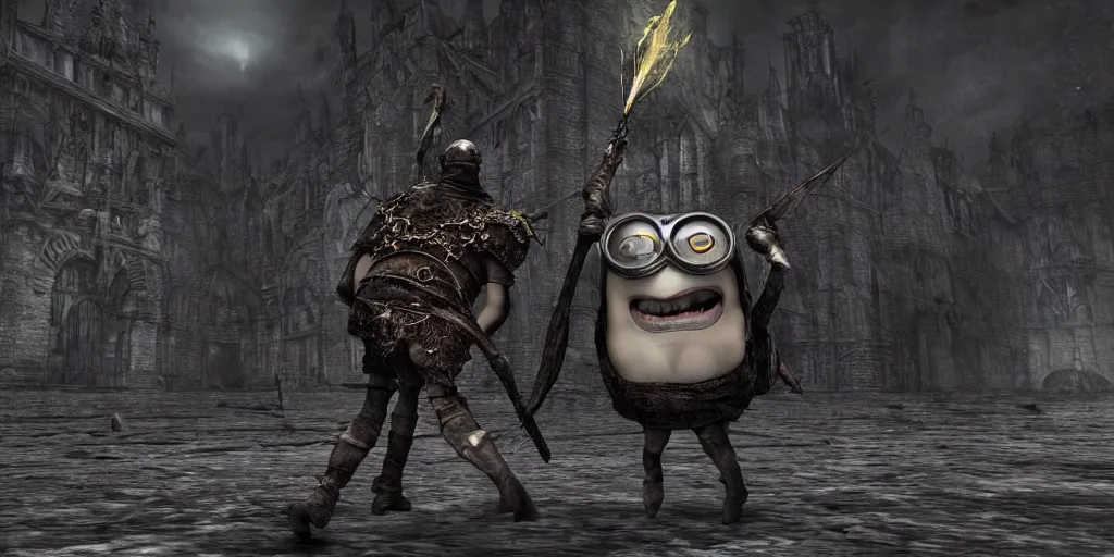 Image similar to minion as a darksouls boss, horror, hd, screenshot,