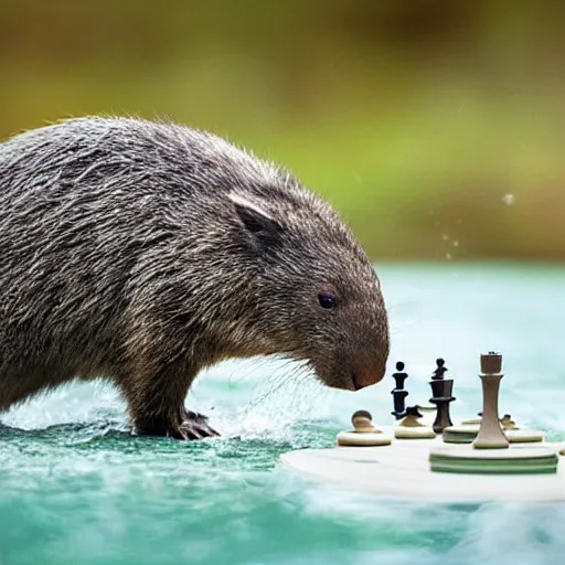 Image similar to wombat playing chess or a raft in stormy seas realistic waves