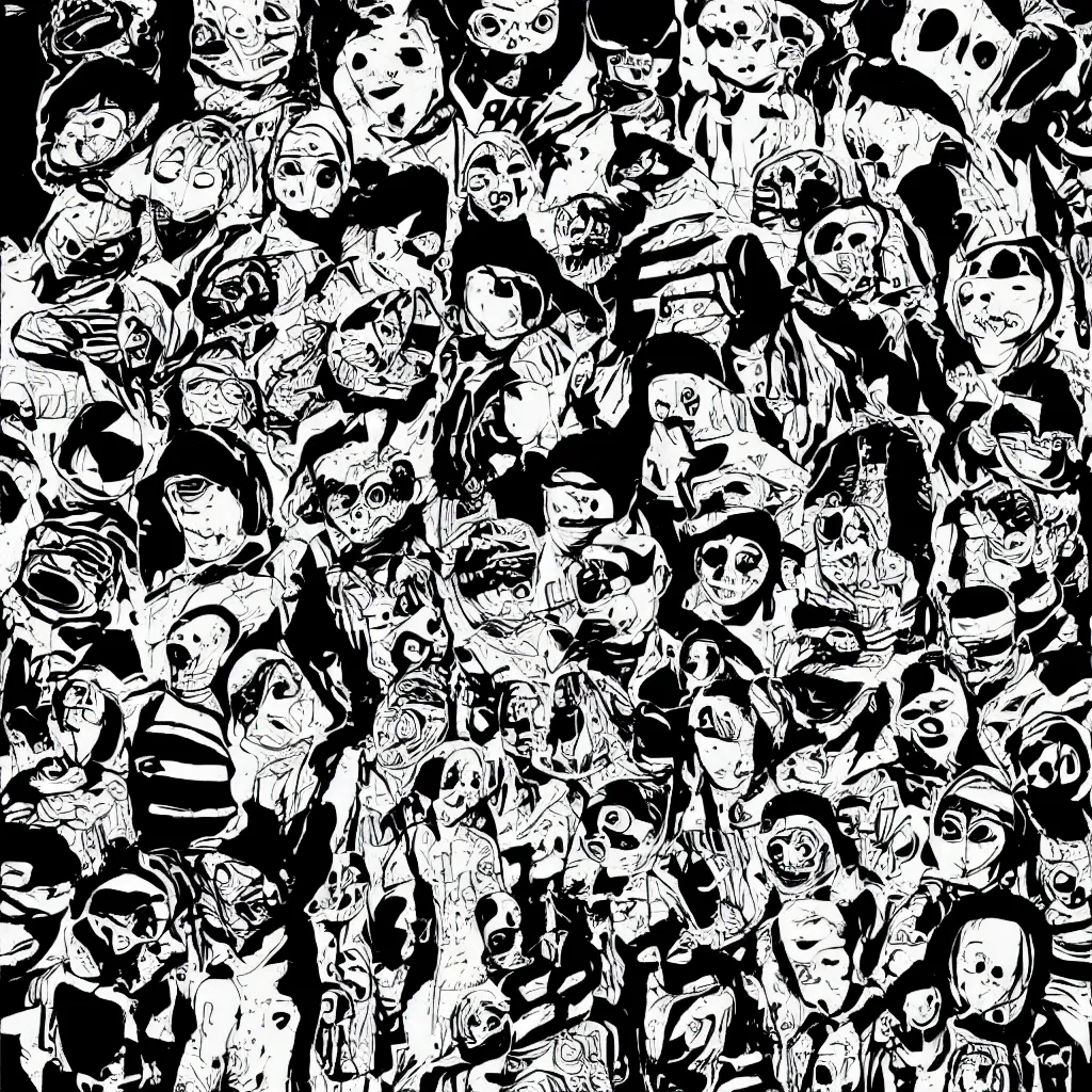 Image similar to faceless human figures, kazuo umezu artwork, jet set radio artwork, stripes, tense, space, skimask, balaclava, ominous, minimal, cybernetic, cowl, ink, acrylic, dots, stipples, lines, hashing, thumbprint, dark, eerie, circuit board, crosswalks, guts, folds, tearing, painting