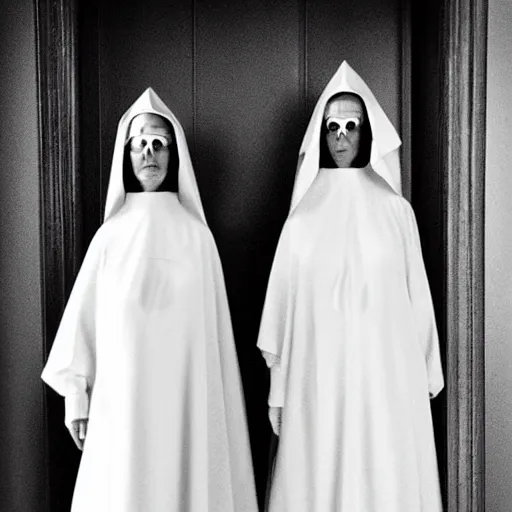 Image similar to award winning photo,two Hovering twin nuns, wearing pointed hoods, buxom chested, blindfolded, wearing translucent veils, see through dress, Very long arms, bedroom, wood door, eerie, frightening, standing at the foot of your bed, highly detailed, photorealistic, colorized —width 1024 —height 1024