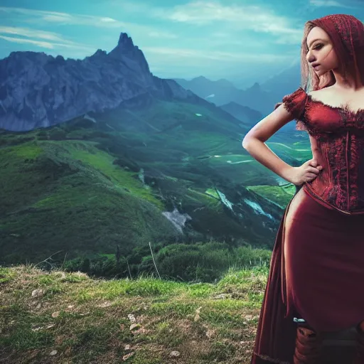 Image similar to renaissance woman using a smarting , centered full body shot, full pov, studio light, italian mountains background, intricate, epic lighting, cinematic composition, hyper realistic, 8k resolution, unreal engine 5