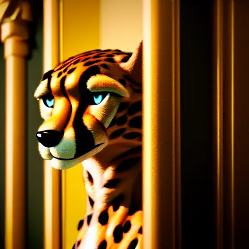 Image similar to A detailed close-up scene from a 2022 Marvel film featuring a steampunk anthropomorphic cheetah wearing a suit in an opulent palace room. Golden Hour. Photorealistic. Kodak Ektar 100.