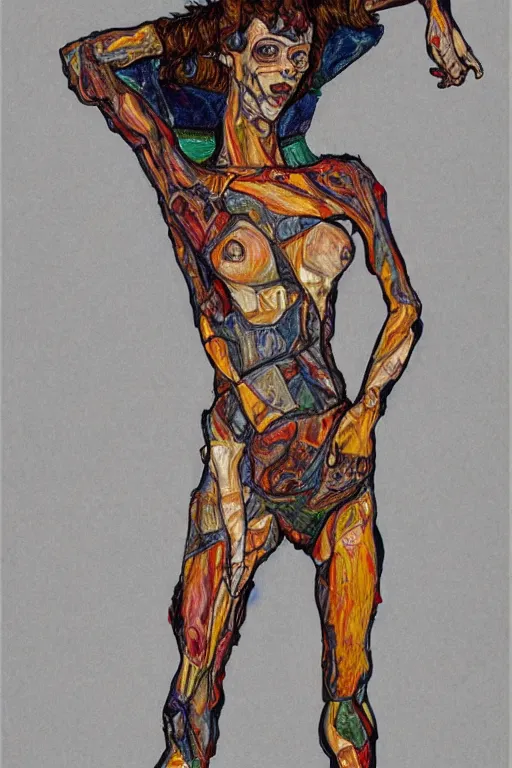 Image similar to a full body character with multiple lifted arms in style of egon schiele and herakut, masterpiece, hyperdetailed, complex, intricate, veiled, 4 k, 8 k, dynamic!!, trending on artstation