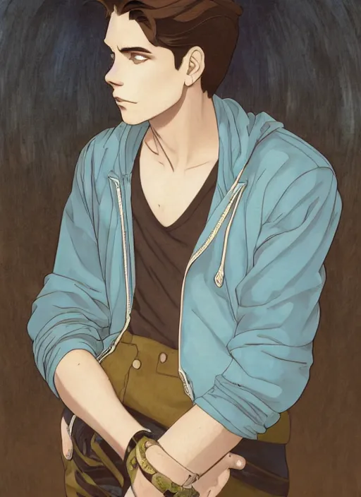 Prompt: well - lit art nouveau portrait of a young man with short black hair, light blue eyes, pale skin, serious expression, jeans and a black hoodie, natural lighting, path traced, highly detailed, high quality, cartoon, digital painting, by don bluth and ross tran and studio ghibli and alphonse mucha