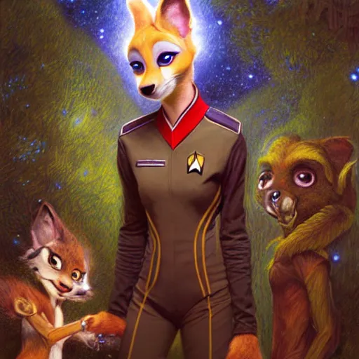 Image similar to a portrait of a female alien in starfleet uniform at night in a dark forest. zootopia fursona furaffinity furry art detailed face painting by gaston bussiere craig mullins jc leyendecker gustav klimt artgerm greg rutkowski furry