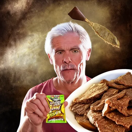 Image similar to Fantasy portrait of a big human fighter eating beef jerky who either looks really good for a 70 year old man or really bad for a 50 year old man