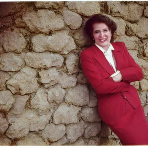 Prompt: a vintage 1 9 8 0 s kodachrome slide of a cheerful lady in a feminine suit posing on a stone wall in autumn sunshine.