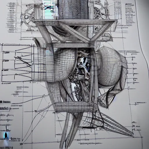 Image similar to a concept of a detailed and intricate design of a mechanical deconstructor 3 d design, great finesse organic hyper detailed, engineering blueprints, technical drawings, calculus, stained paper,