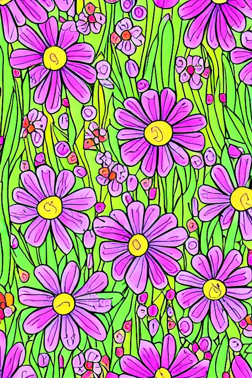 Image similar to spring flowers, happy and beautiful, in the style of coloring book