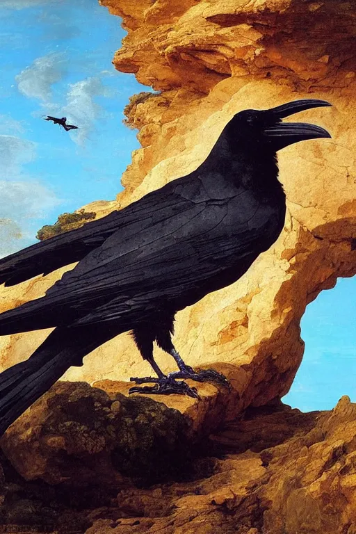 Image similar to a breathtakingly stunningly beautifully highly detailed extreme close up portrait of a raven under a rock arch, epic coves crashing waves plants, beautiful clear harmonious composition, dynamically shot, wonderful strikingly vivid beautiful dynamic sunset with epic clouds, detailed organic textures, by frederic leighton and rosetti and turner and eugene von guerard, 4 k