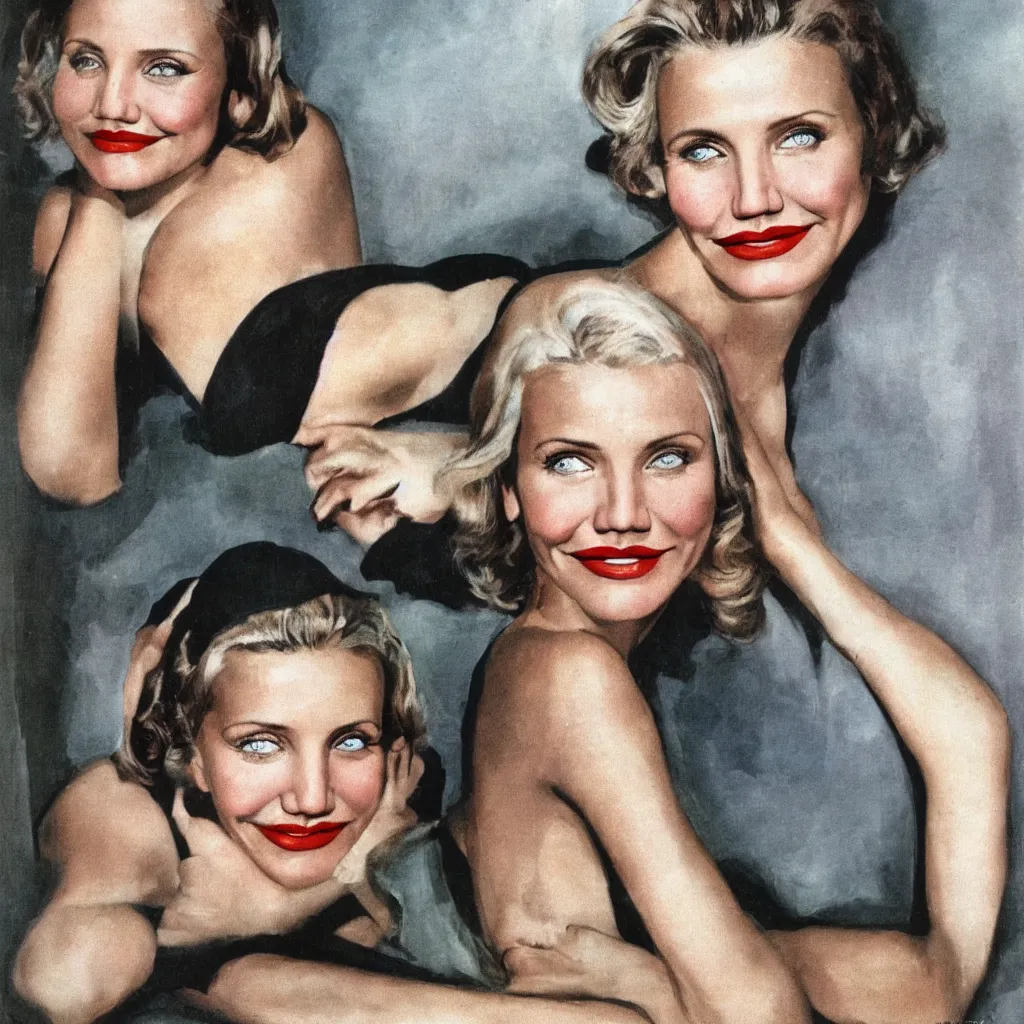 Image similar to Cameron Diaz portrait, color vintage magazine illustration 1950