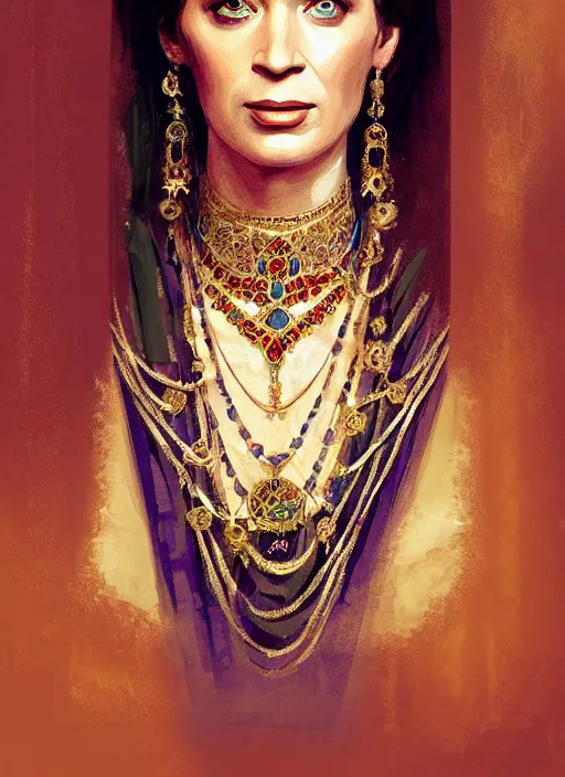 Image similar to portrait of emily blunt as indian queen, jewelry, greek, sapphire, victorian age, 1 8 9 0, intricate, headshot, key visual, conceptart, ambient lighting, highly detailed, digital painting, artstation, concept art, sharp focus, by makoto shinkai and akihiko yoshida and greg manchess