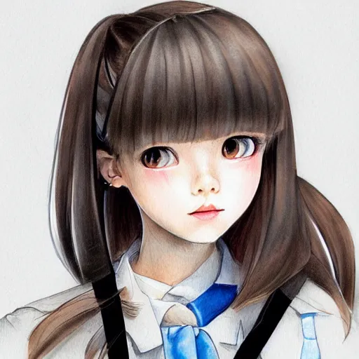 Image similar to a perfect, realistic professional digital sketch of a semirealistic schoolgirl, by pen and watercolor, by a professional Chinese Korean artist on ArtStation, on high-quality paper