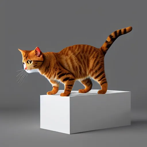 Prompt: low poly cat standing on top of a box. Many colors, 8k