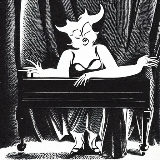 Image similar to vintage woman wearing devil horns and sitting in an piano, retro cartoon