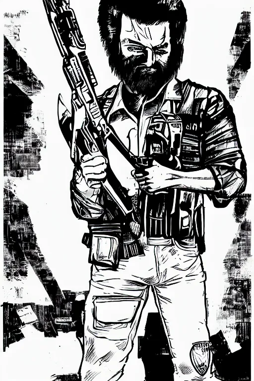 Image similar to billy mays holding a rifle, a page from cyberpunk 2 0 2 0, style of paolo parente, style of mike jackson, adam smasher, johnny silverhand, 1 9 9 0 s comic book style, white background, ink drawing, black and white, colouring pages
