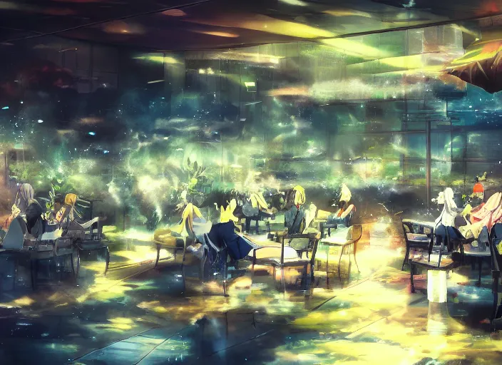 Prompt: anime background clean neat clarity professional visual development set design, large hall, a lot of people sitting on round 1 0 tables, dim painterly lighting volumetric aquatics, impasto, trending on pixiv