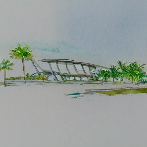 Image similar to watercolor sketch of organic rectangular architecture concept, sea, renzo piano, sketche, villa, people, beach, artistic, ecology, green.